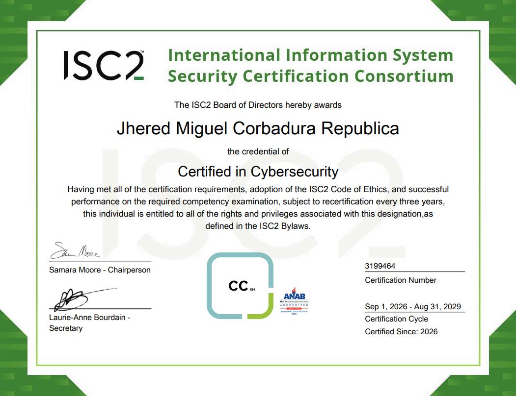 ISC2 Certified in Cybersecurity certificate