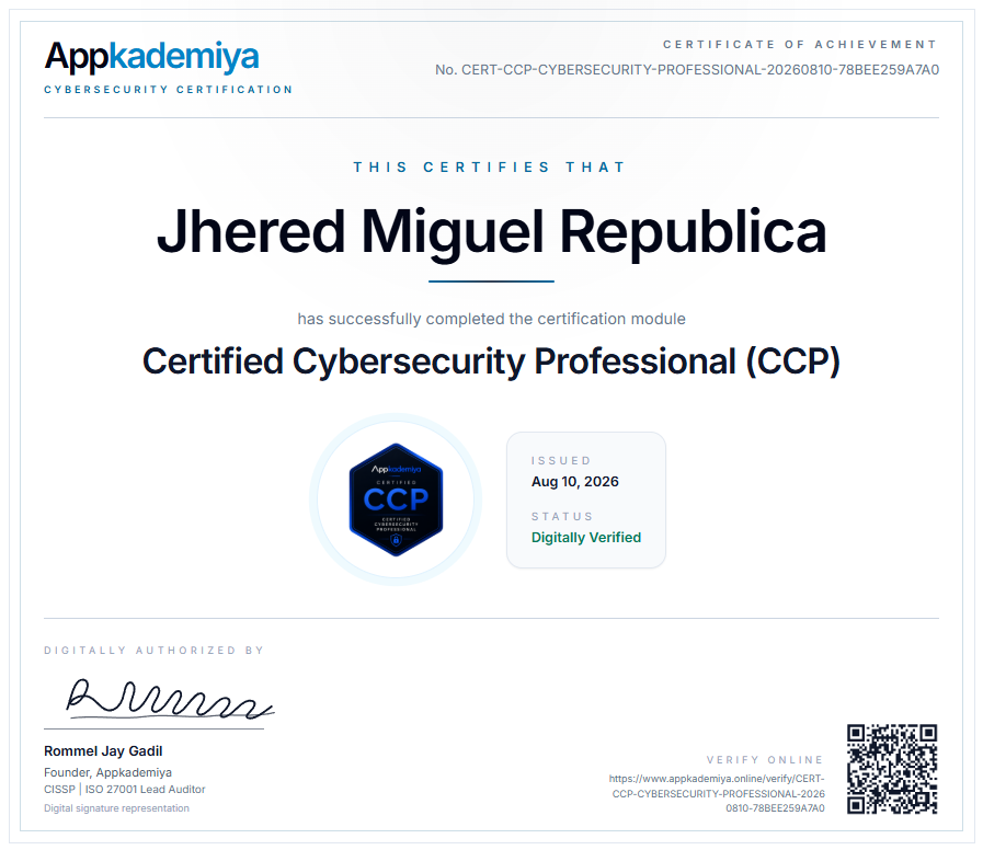 Appkademiya Certified Cybersecurity Professional certificate