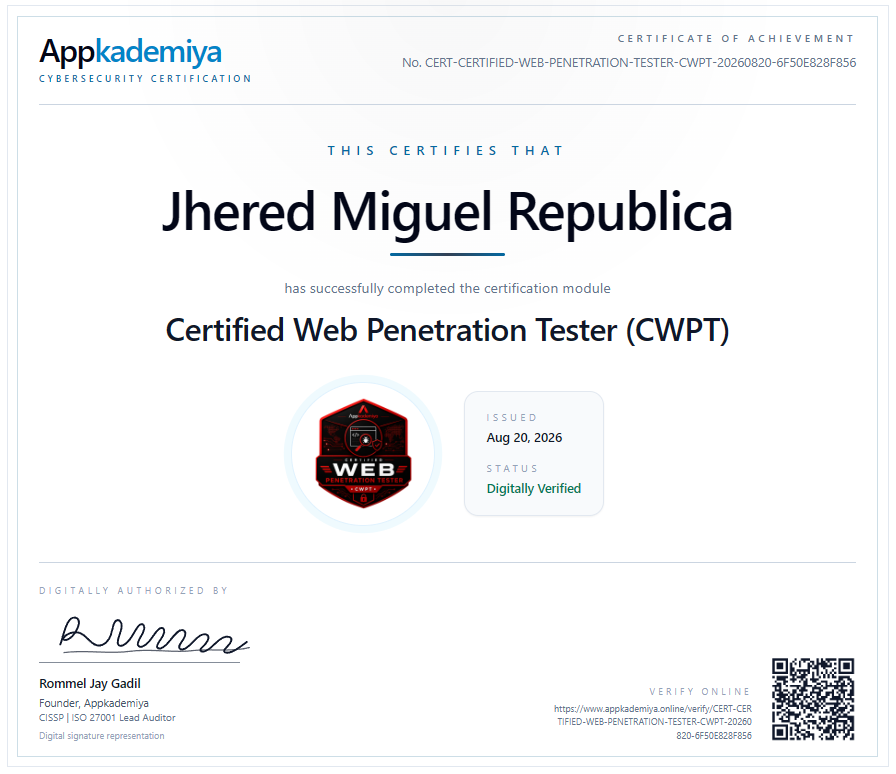 Appkademiya Certified Web Penetration Tester certificate
