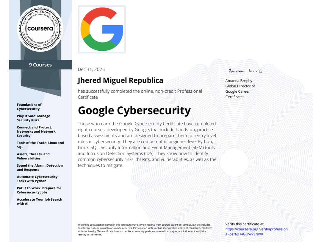 Google Cybersecurity Professional Certificate document
