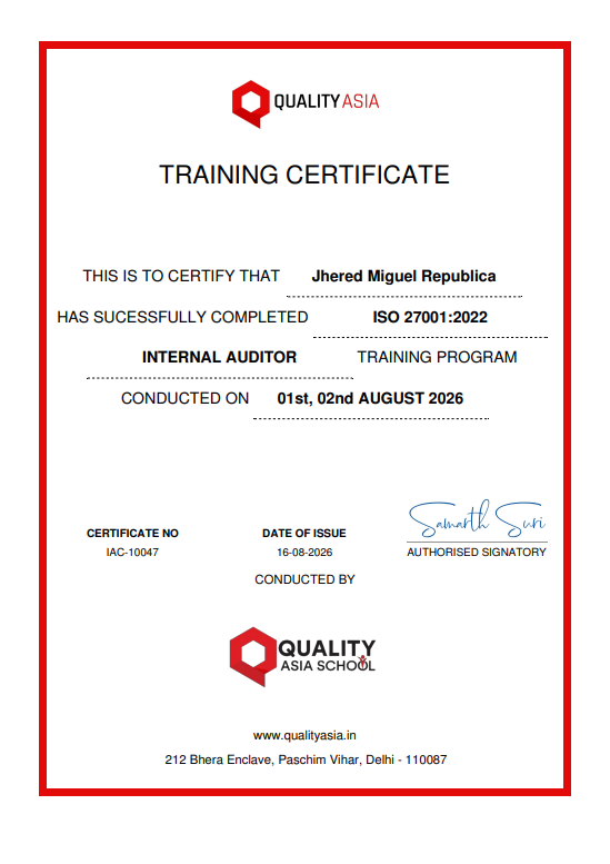 Quality Asia ISO 27001:2022 Internal Auditor certificate